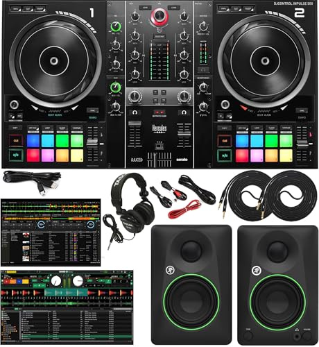 Hercules DJControl Inpulse 500 Professional DJ Controller Studio Bundle with 3.5 Powered Monitors, DJ Headphones, RCA/TRS Cables & DJ Software – Complete Laptop DJ Mixing & Performance Kit
