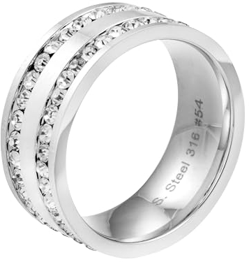 meditoys · Ring aus Edelstahl für Damen · Exklusiver Damenring aus poliertem Edelstahl mit zwei Reihen umlaufenden Kristallsteinen · topmodisches Schmuckstück · Breite 7,5mm