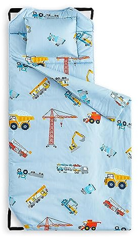 Wake In Cloud - Kinderbett-Matte mit Kissen und Decke, 100% Baumwollstoff, für Kleinkinder, Kinder, Jungen, Mädchen in Kita, Kindergarten, Vorschule, mit elastischen Eckgurten, Autos, Kraniche, LKW