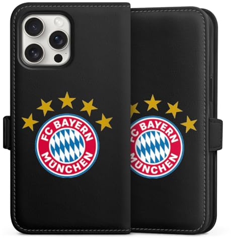 Klapphülle kompatibel mit Apple iPhone 15 Pro Max Handyhülle aus Kunst Leder schwarz Flip Case FC Bayern München FCB Sterne