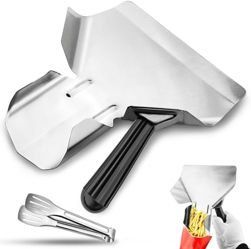 SDwfxd 1 pala per patatine fritte, 22,5 x 21 cm, in acciaio inox, con 1 manico destro, per casa, cucina, snack, dolci, dessert con manico e pinza per pane