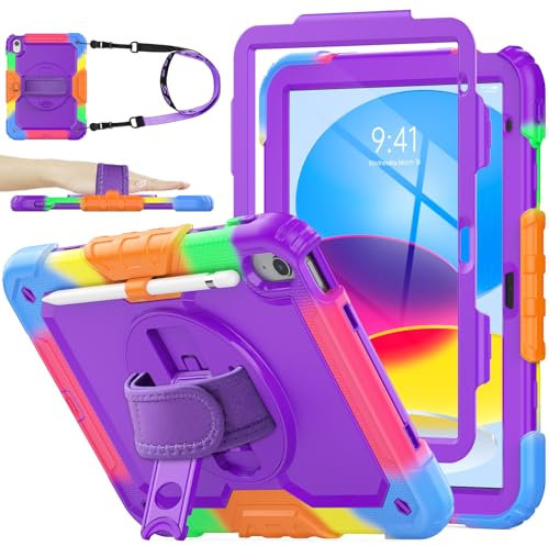 SEYMAC stock for iPad A16 11th Generation Case 11 inch 2025/iPad 10th Generation Case 10.9 inch 2022, Heavy Duty Shockproof with Screen Protector, 360° Rotating Stand/Hand Strap, Pen Holder, Purple