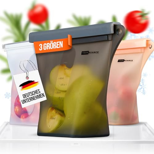 Your Nuance Silikonbeutel, Wiederverwendbare Gefrierbeutel (3er set) [Auslaufsicher, Spühlmaschienenfest] Kühlschrank Organizer, Küchen Aufbewahrung und Organisation, Zip Beutel, Meal prep (Schwarz)