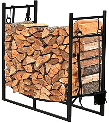 Kaminholzregal Indoor Outdoor Schmiedeeisen Kamin Brennholz Stand 43,5 Zoll langes schwarzes Sandkorn Mattes Rechteck mit 4 Werkzeugen 2 Große Haken Brennholzregal Holz-Organizer