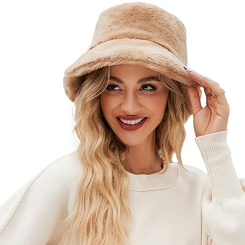 DUHGBNE Fuzzy Bucket Hat für Frauen Faux Superficial Knowledge Bucket Hat Fluffy Warm Soft Winter Fisherman Cap Furry Sun Hat Anglerhut Fell (Khaki, One Size)