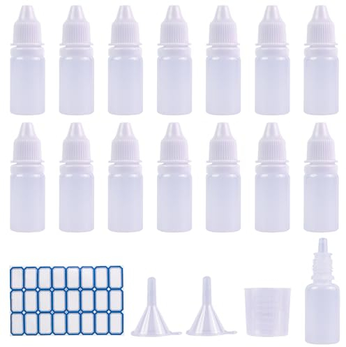 BOKFJBP 15 Pack 15ml Plastic Dropper Bottle, Eye Liquid Mini Empty Squeezable Squeeze Dropper Bottle with Label Funnel Measuring Cup for Medication Essential Oils Chemicals Perfumes