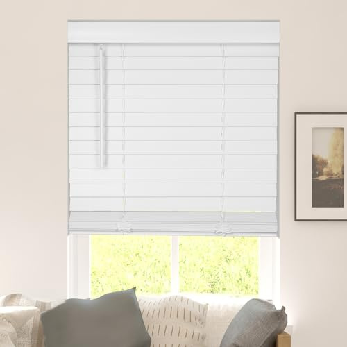 Calyx INTERIORS Faux Wood Blinds with Classic Valance, Cordless, 2 Slat, 34.5 W x 36 H, Blinds for Indoor Windows, Room Darkening Window Blinds for Home Interior Windows and Doors, Pure White