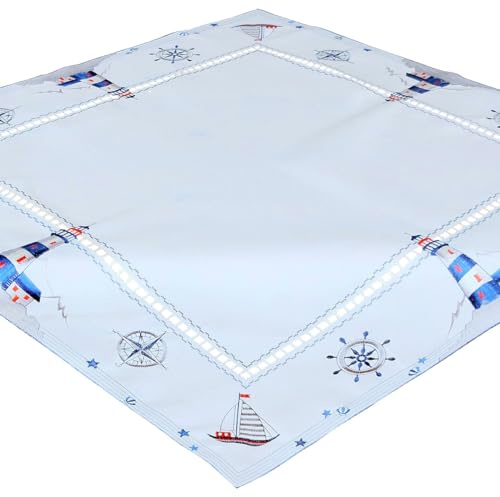 Tischdecke Valerie 85 x 85 cm Maritime Stickerei Leuchttürmen & Segelboote Mitteldecke Polyester