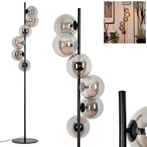 Stehleuchte Remaisnil, Stehlampe aus Metall/Glas in Schwarz/Rauchfarben, Standlampe im Retro/Vintage-Design mit Schirmen aus Glas (Ø 15 cm) u. Fußsschaler, Höhe 160 cm, 6 x G9, ohne Leuchtmittel