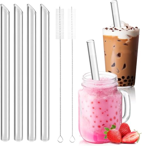 Annyswit 4 Stück Bubble Tea Strohhalme mit 2 Reinigungsbürsten Boba Strohhalme 14mm Transparent Glas Groß Breite Trinkhalme Strohhalme Wiederverwendbar für Smoothie Cocktail (4 Schräg)