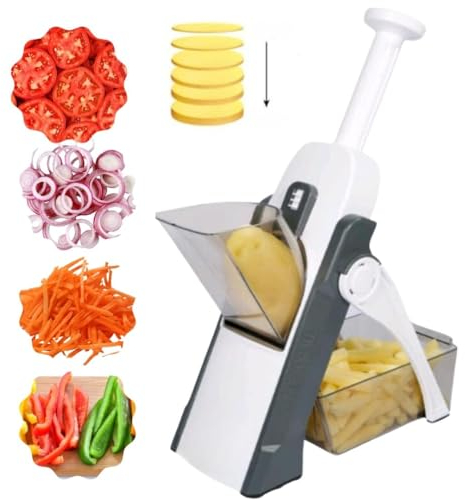 Heumn Mandoline 5 in 1 Küchenwerkzeug - Gemüseschneider, Verstellbarer Kartoffel- und Zwiebelschneider, Pommes Frittierschneider, Lebensmittelwürfel mit Behälter