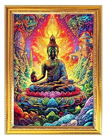Goldener Bilderrahmen mit Lord Buddha für Pooja, Indianer mit religiösem oder spirituellem Thema, Tempel, Puja, Zimmer, Heimdekoration, Anbetung, 8,6 x 11
