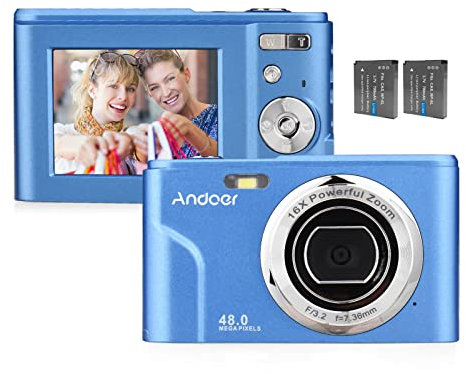 Andoer Fotocamera digitale portatile 48MP 1080P Schermo IPS da 2,4 pollici Zoom 16X Messa a fuoco automatica Autoscatto 128 GB Memoria estesa Rilevamento del volto Anti-scuotimento con 2 batterie