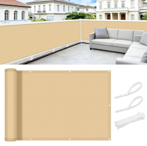 COOL AREA Balkon Sichtschutz Wetterfest 100x400 cm, Sand | Sichtschutz Balkon,Balkonabdeckung Blickdichte,Wasserfest,Windschutz,UV-Schutz,Balkonverkleidung mit Kabelbinder