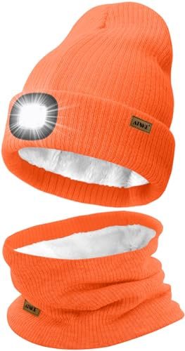ATNKE LED Mütze mit Licht und Schal Set, Wiederaufladbare USB 4 LED Beleuchtete Laufmütze Winter Warme Gefütterte Fleece Halsschlauch und Stricken Mütze für Herren und Damen Geschenke/Bright Orange