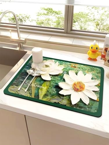 Echehi 2 pièces Tapis Absorbant Vaisselle, 40 x 30 cm Tapis Egouttoir Vaisselle pour Comptoir de Cuisine, Salle de Bain, Machine à Café. Lotus