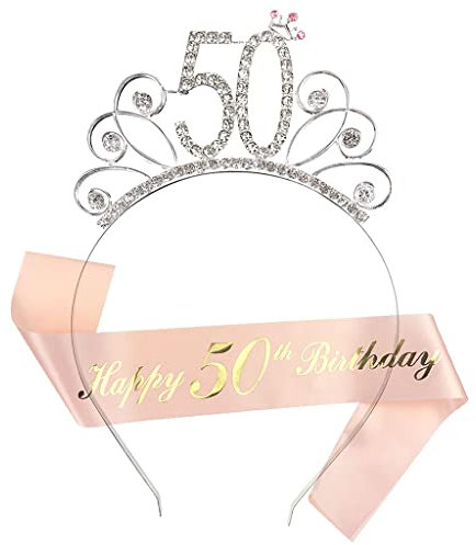 Ouceanwin Kristall Tiara Krone 50. Geburtstag Frauen Deko Set, Schärpe, Krone, Haarreif, Stirnband, Geschenk für 50 Jahre Frau, Party Deko
