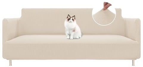 BellaHills Sofabezug 3 Sitzer(185-215cm), Stretch Sofa Überzug, Sofaschoner rutschfest, Elastischer Couch Überzug, Sofa Cover Mit Armlehnen, Natur