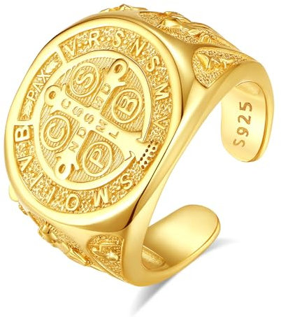 INFUSEU Ring Des Heiligen Benedikt, 925 Sterling Silber 18K Gold Saint Benedikt Religiöser Katholischer Christlicher Exorzismus Herrenring Tempelritter Christliche Medaille Kreuz Ordensschutz