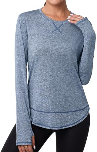 Terecey Sportshirt Damen Langarm Funktionsshirt Atmungsaktive Fitness Workout Yoga Top Leicht Locker Langarmshirt Laufshirt mit Daumenloch, Navy Blau M