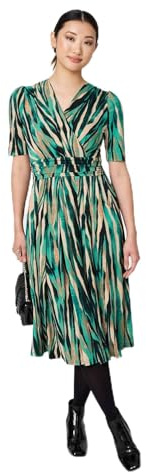 Izabel London Printed 1/2 Sleeve Wrap Waist Midi Dress for Women UK with Front Pleats and a v-Neck. Green