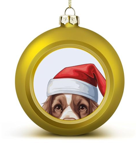 Christbaumkugel zum Aufhängen, goldenes Andenken, Weihnachtsmütze, schauender Hund, amerikanischer Cocker Spaniel, Weihnachtskugel, Dekoration für Weihnachtsbaum, Weihnachten, Neujahr, Geburtstag,