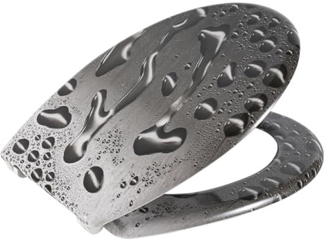 Ansobea Toilettendeckel mit Absenkautomatik – O-förmiger WC Sitz mit Soft-Close Mechanismus, Graue Wassertropfen-Design – Bis 150 kg, Für einfache Installation und Pflege