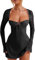 Women Hollow Out Mini Dress Long Sleeve Backless Low-Cut Tie-up Lace Patchwork Cocktail Dress Lace Up Dress (Black, L)