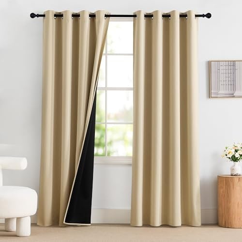 PONY DANCE Thermo Vorhang gegen Kälte Verdunklungsvorhänge mit Ösen 2er Set H 220 x B 140 cm Biscotti Beige, Schlafzimmer Gardinen 100% Blickdicht Thermal Curtains Blackout