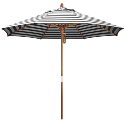 Parasol de jardin rond en bois de 2,7 m avec poulie en tissu polyester à 8 nervures - Idéal pour terrasse et piscine - Noir et blanc