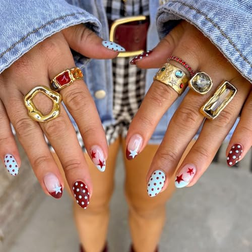 24 Stück French Mandel Künstliche Fingernägel mit Blau Rot Polka Dot, Frazösisch Fake Nails, Full Cover Nägel Zum Aufkleben, Falsche Nägel Einfache Anwendung für Frauen Maniküre(Blau Rot Polka Dot)