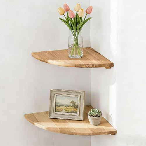 Havnix Solid Oak Wood Corner Shelf Set of 2, 7 Inch Floating Wall Mounted Corner Shelves, Small Rustic Display Shelves for Plants, Photo Frames, Perfect for Bedroom, Kitchen & Living Room
