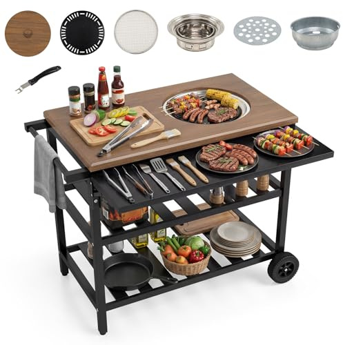 COSTWAY Outdoor Grill Dining Cart, Patio Metal Food Prep Station BBQ Table with Korean BBQ Grill, Folding Side Panel and 2 Shelves, Portable Charcoal Grill on Wheels for Garden, Backyard, Camping
