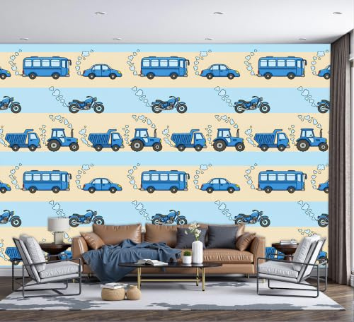 GSAEIMCT Striped Cars Cartoon Art Mural Wallpaper, Light Blue Wallpaper for Bedroom Living Room Tv Backdrop Office Hotel Corridor Background Decoration Silk Wall Paper 350X256Cm