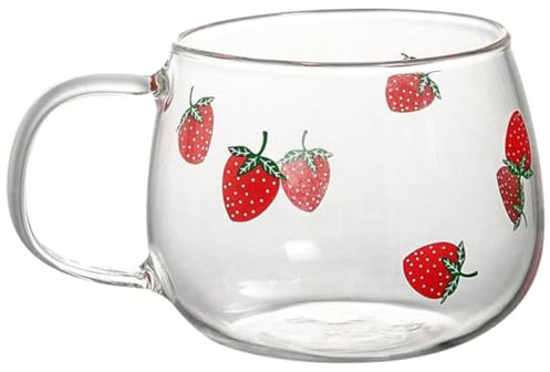 KAILIKETIY Tasse en Verre à Motif Fraise pour Café et Lait, Grosse Capacité, Résistante de 10°c à 150°c, Maison Bureau