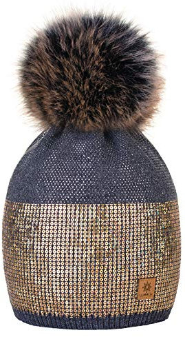 4sold Damen Wurm Winter Style Beanie Strickmütze Mütze mit Fellbommel Bommelmütze Hat Ski Snowboard Pelz Bommel Pompon Kleine Kristalle Sequins Crystals (Dunkelgrau)