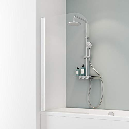 Schulte mampara ducha bañera 80 x 140 cm, color blanco alpino, 1 hoja abatible plegable 180° en la pared, montaje reversible izquierda derecha, espesor vidrio 5 mm transparente, sello incluido