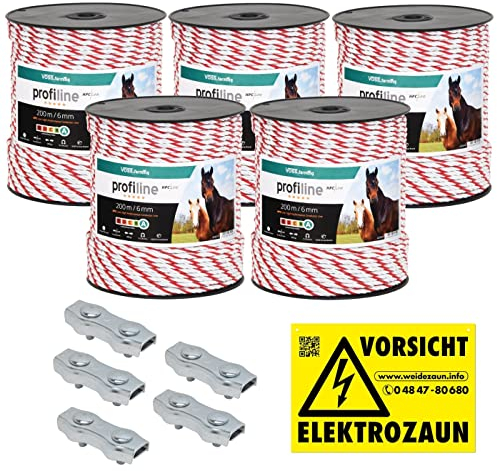 VOSS.farming 1000m Weidezaunseil 6mm Elektrozaunseil 6X 0,25 HPC-Leiter - mit Zubehör - weiß-rotes Elektroseil Pferdezaun Weidezaun Elektrozaun Ponyzaun
