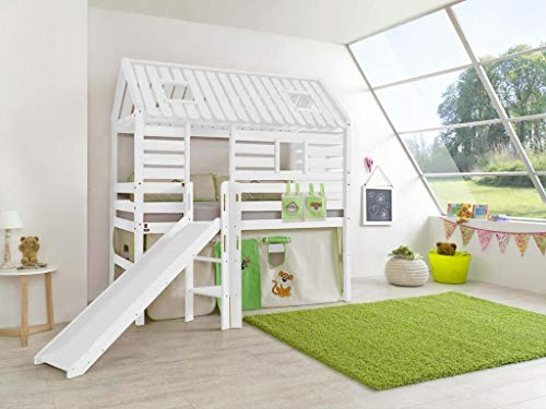 Hochbett Tom´s Hütte 1 Kinderbett mit Rutsche Spielbett Bett Weiß Dschungel