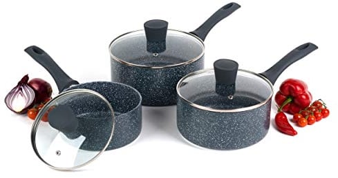 Russell Hobbs COMBO-4838A Nightfall Stone - Juego de cacerolas (3 piezas, 16/18/20 cm, para todo tipo de fuegos, incluida inducción, mango cómodo de baquelita, tapas de vidrio templado, aluminio y