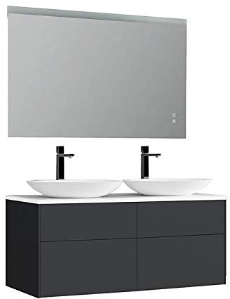 StoneArt Badmöbel-Set Mineralguss Waschtisch Waschbecken Waschschale Aufsatzwaschbecken Unterschrank und LED Spiegel dimmbar Anti-Beschlag-Funktion Venice VE-1200pro-3 dunkelgrau 120cm