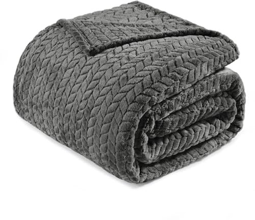 Exclusivo Mezcla Kuscheldecke Flanell-Fleecedecke mit Blättermuster, 230 x 170 cm Sofadecke für Ganzjahreszeit, Flauschig und Warm, Dunkelgrau