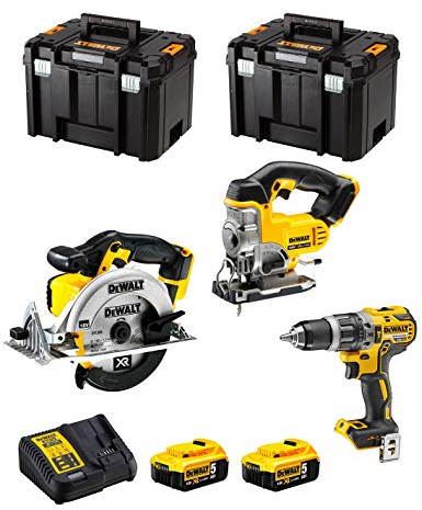 DeWALT Kit DWK300 (Perceuse à Percussion DCD796 + Scie Sauteuse DCS331 + Scie Circulaire DCS391 + 2 Batteries de 5,0 Ah + Chargeur + 2 x TSTAK VI)