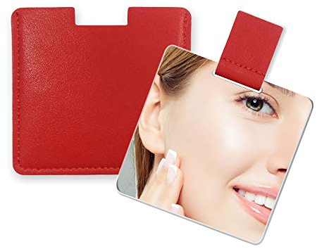 Fixleren Ultra Dünn Taschenspiegel, unzerbrechlicher Edelstahl, mit PU-Ledertasche, leicht zu tragen, leicht und geeignet für Make-up, Camping, Reisen (rot)