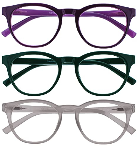 OPULIZE Blu - Occhiali da Lettura Filtro Luce Blu Set da 3 Montatura Tonda Fashion Cerniere a Molla Migliorano il Sonno Gaming Computer Anti Riflesso Viola Verde Ghiaccio Uomo Donna BBB5-56C +3.50