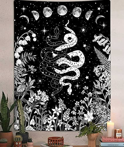 VEIGIKE Hexe Schlange Vertikaler Wandteppich, Trippy Schwarz und Weiß Floral Moon Phase Cool Tarot Tapisserie Wandbehang für Schlafzimmer Ästhetik, Natur Wandteppiche Poster Decke College Wohnheim