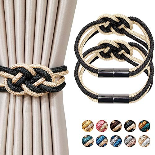 Pretty Jolly 2 Stück Starke Magnetische Raffhalter für Vorhänge, Dekorative Vorhang-Raffhalter, Handgewebtes Seil, Knoten-Vorhanghalter für Zuhause und Büro, Fenstervorhänge (Schwarz & Beige)