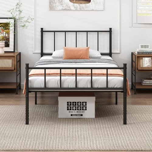 DIIYIV Classic Twin XL Metall-Plattform-Bettgestell mit Kopfteil, Matratzenfundament, Stahllattenstütze, Stauraum unter dem Bett, kein Boxspringbett erforderlich, Doppelbett-XL-Bettgestell, Schwarz