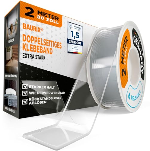 BAURIX® Nano Tape Doppelseitig [2m] – Starkes Klebeband für Wand, Teppich & Deko – transparent, waschbar, wiederverwendbar – ideal für DIY und professionelle Anwendungen