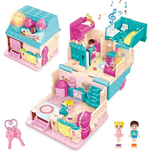 deAO Maison de poupées,Maison Miniature,Monde de la Boulangerie Lumineux ,Mini Maison de poupée à emporter pour Enfants 3 4 5 Ans+,Cadeau d'anniversaire Noël